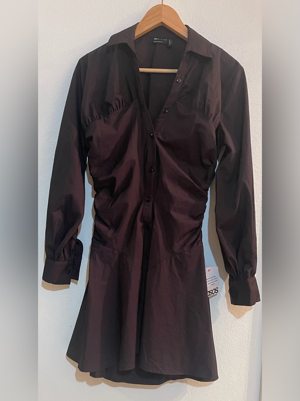 ASOS Black Ruched Waist Button Front Mini Shirt Dress Long Sleeve V-neck